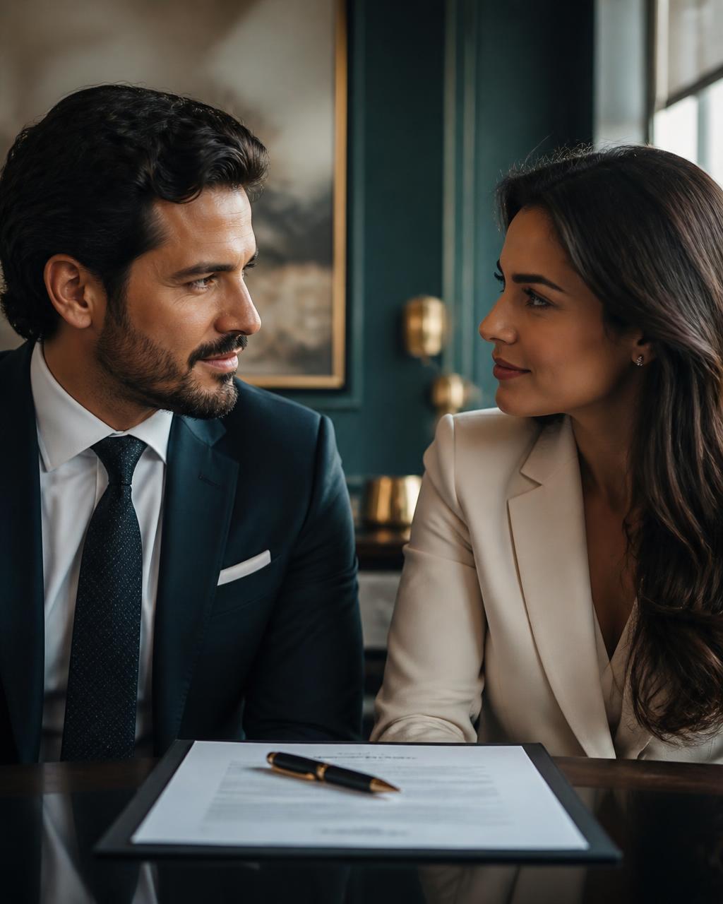 Dois executivos de negócios sorrindo em celebração de um acordo fechado em um escritório moderno.